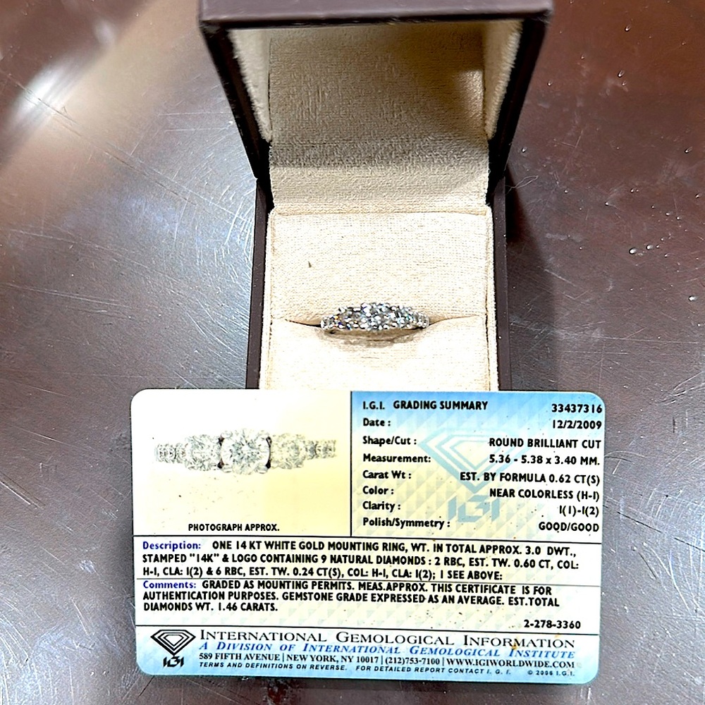 1.62 carat total weight natural diamond ring in 14k white gold.